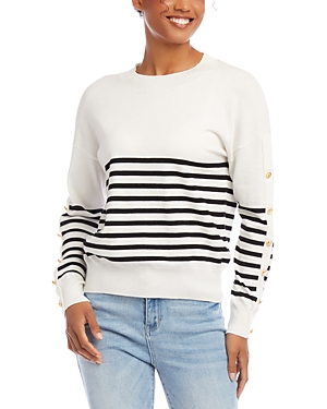 Shop Karen Kane Button Detail Crewneck Sweater In Stripe