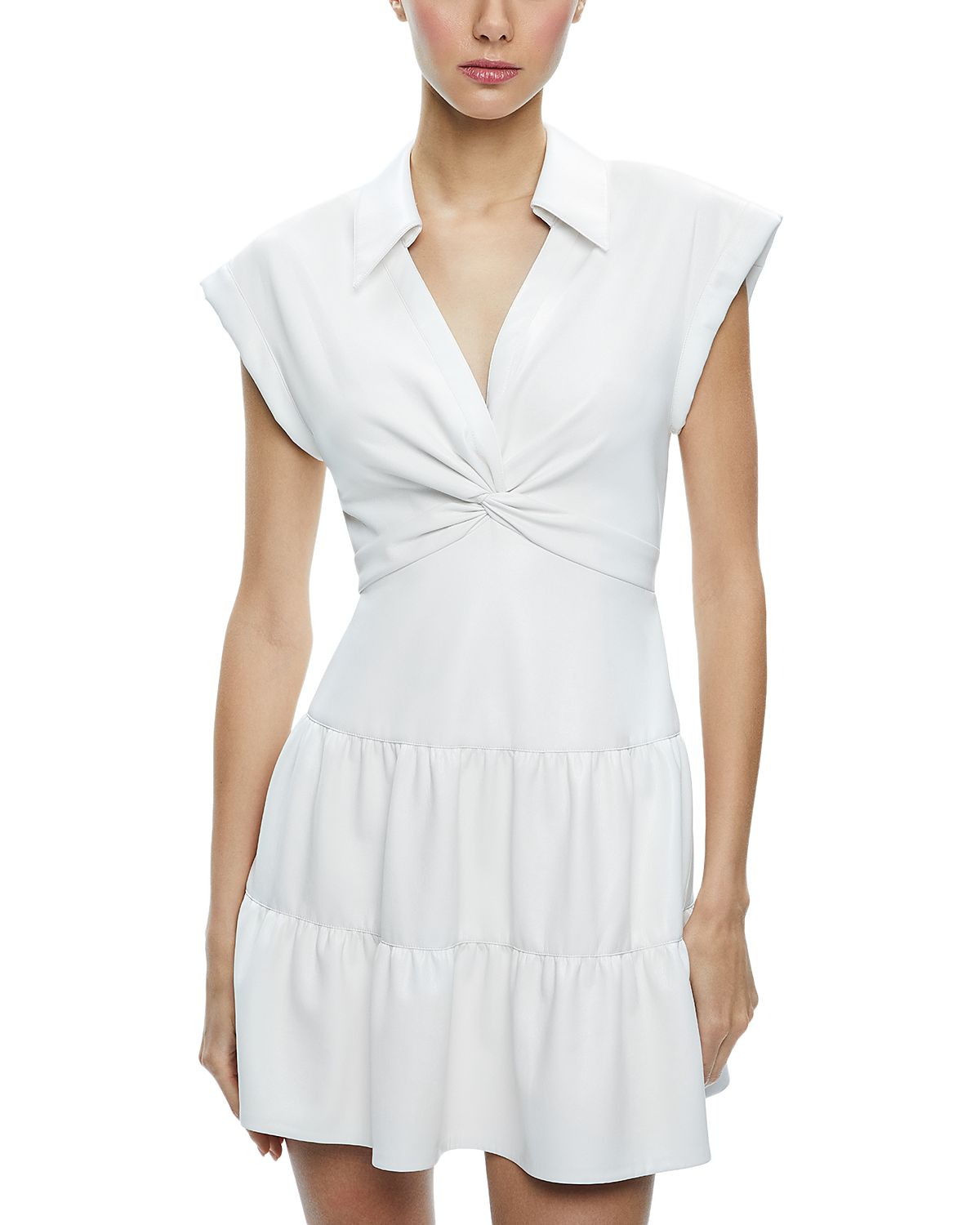 Alice and Olivia Mila Faux Leather Twist Front Cap Sleeve Dress