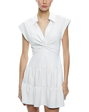 Shop Alice And Olivia Mila Faux Leather Twist Front Cap Sleeve Dress In Off White