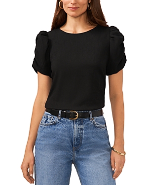 Shop Vince Camuto Crewneck Gathered Sleeve Top In Rich Black