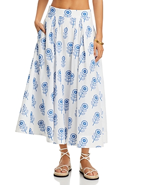 Shop Milly Poppy Embroidered Midi Skirt In White/blue