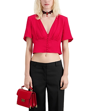 Shop The Kooples V Neck Cropped Short Sleeve Blouse In Red