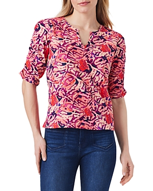 Shop Nzt Nic+zoe Blurred Floral Ruched Elbow Sleeve Tee In Pink Multi
