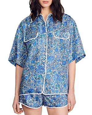 Shop Sandro Anja Silk Pajama Shirt In Blue White