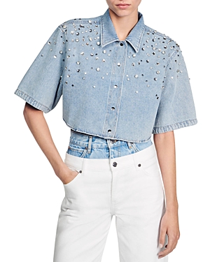 Shop Sandro Tyss Embellished Cropped Denim Shirt In Light Blue
