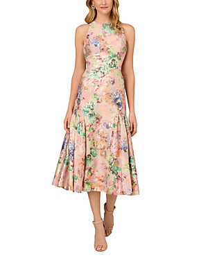 Shop Aidan Mattox Floral Print Jacquard Midi Dress In Coral Multi