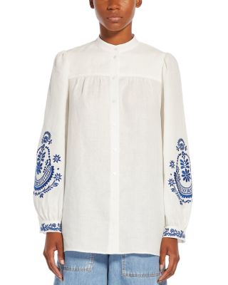 【送料&関税込】Weekend Max Mara Embroidered Polyester Blend Linen mandarin collar shirt, ecru | 