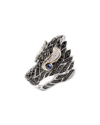 14K Yellow Gold & Silver Naga Diamond, Black Sapphire, Blue Sapphire, & Black Spinel Dragon Ring