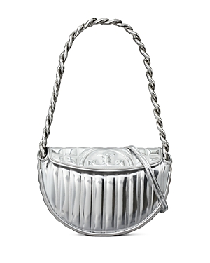 Shop Tory Burch Mini Fleming Soft Crescent Bag In Silver/gold