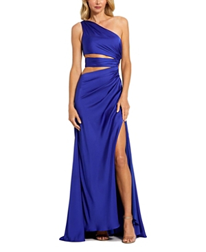 Shop Mac Duggal Cut Out One Shoulder Satin Gown In Cobalt