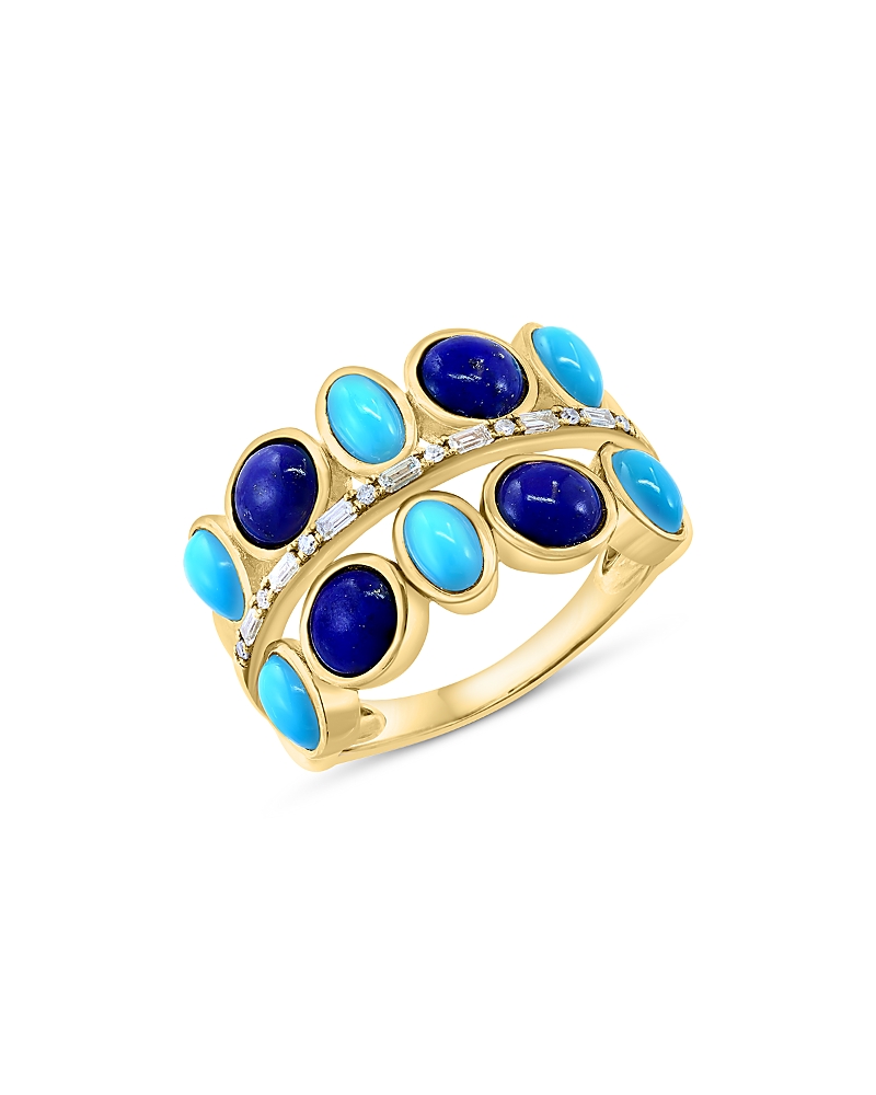 Bloomingdale's Fine Collection Lapis, Turquoise & Diamond Double Row Ring in 14K Yellow Gold