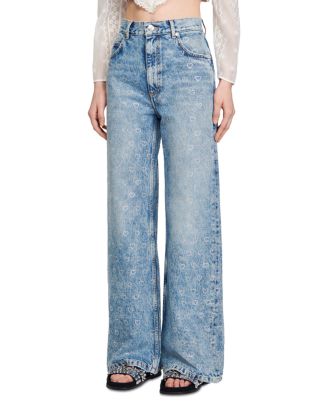 Sandro High Rise Heart Embellished Wide Leg Jeans in Blue