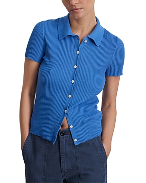 Shop Alex Mill Suzanne Rib Knit Short Sleeve Button Down Shirt In Cosmic Blue