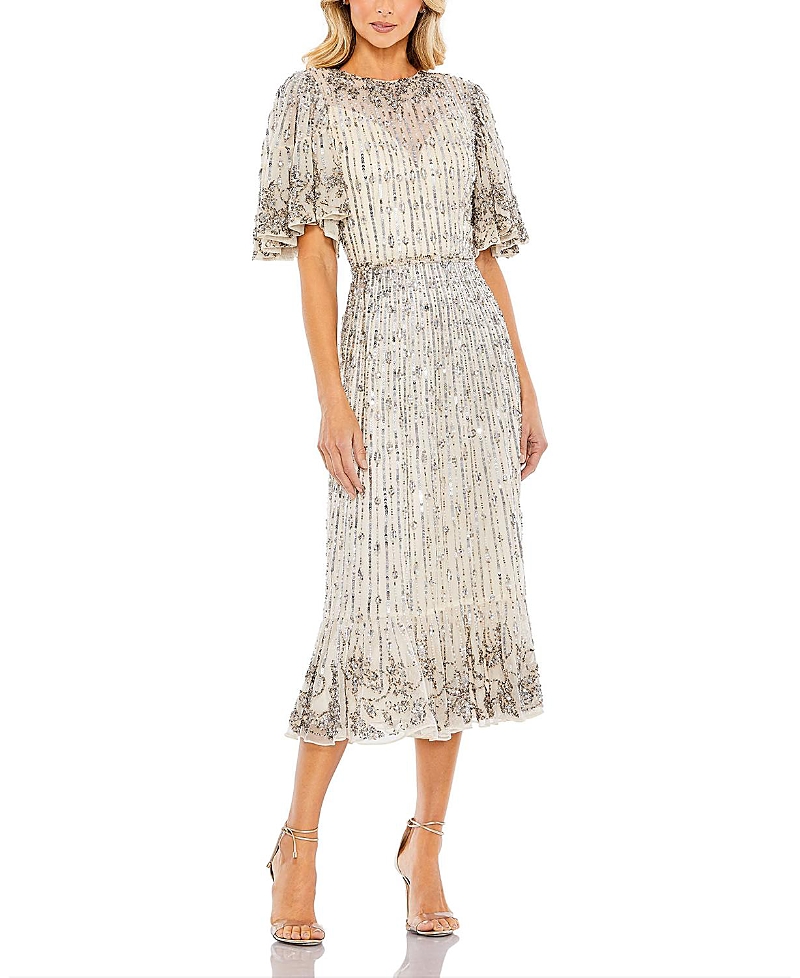 Mac Duggal Sequin Flounce Sleeve Midi Dress In Nude Silver In Neutral