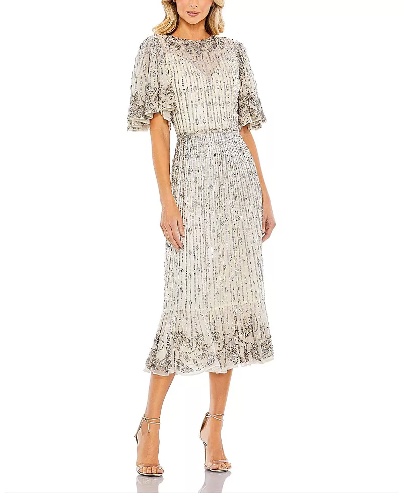 Mac Duggal Sequined Flounce Sleeve Midi Dress