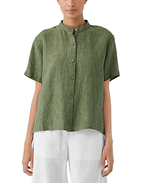 Shop Eileen Fisher Linen Mandarin Collar Shirt In Coriander