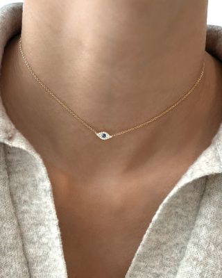 14K Yellow Gold Diamond & Blue Sapphire Evil Eye Choker Necklace, 15.5"