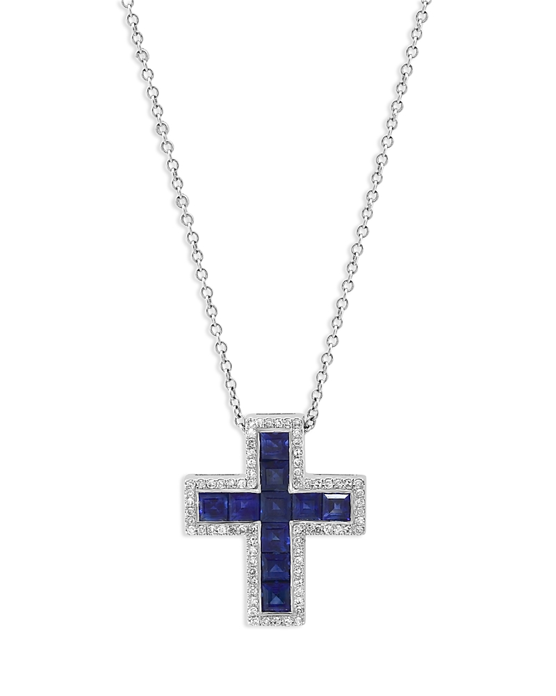Bloomingdale's Fine Collection Sapphire and Diamond Cross Pendant Necklace in 14K White Gold, 18