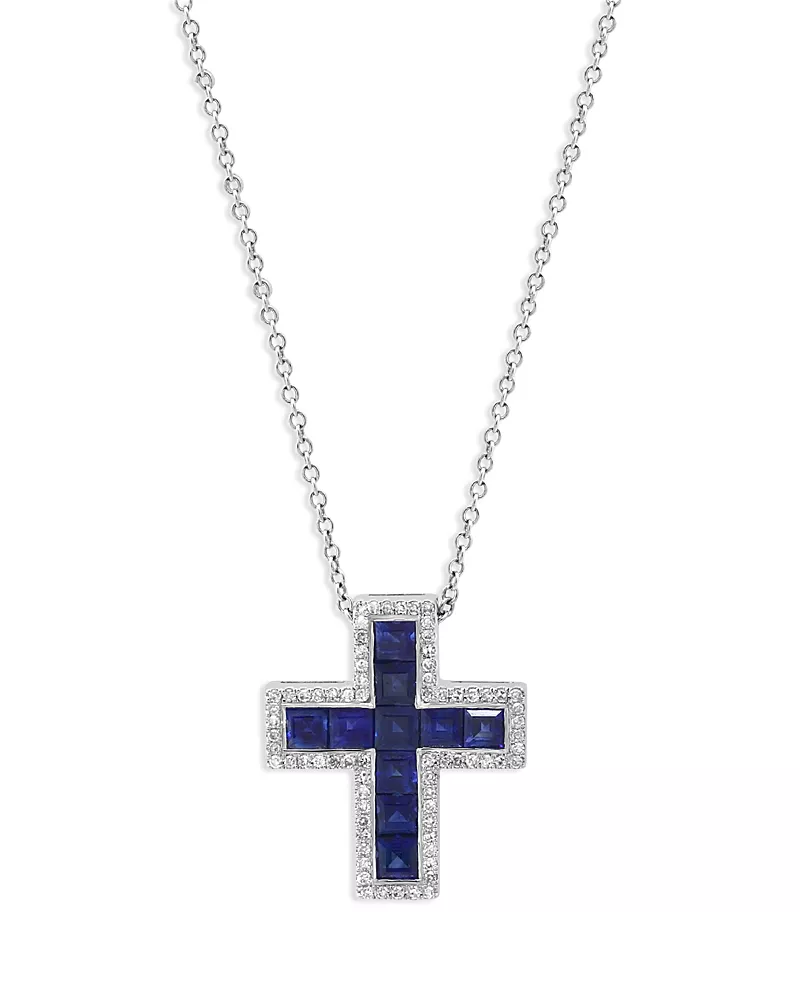 Bloomingdale's Fine Collection Sapphire and Diamond Cross Pendant Necklace in 14K White Gold, 18
