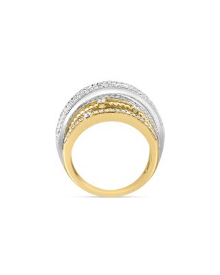 Diamond Round &amp; Baguette Crossover Ring in 14K White &amp; Yellow Gold, 0.90 tcw