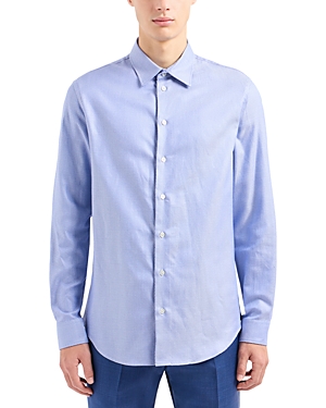 Emporio Armani Cotton Micro Zig Zag Jacquard Regular Fit Button Down Shirt