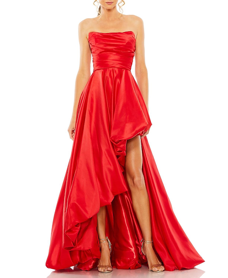 Mac Duggal Asymmetrical High Low Strapless Ruched Gown In Red