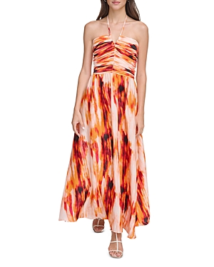 Shop Dkny Ruched Halter Maxi Dress In Orange Blossom