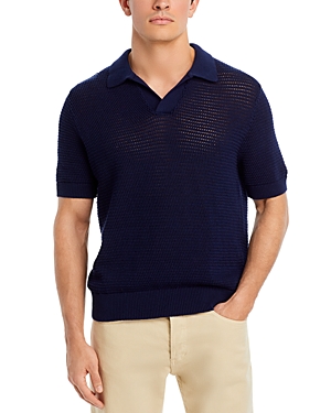 Frame Mesh Short Sleeve Open Collar Polo Sweater In Navy