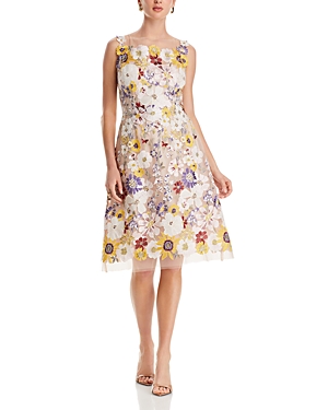 Teri Jon By Rickie Freeman 3d Flower Boat Neck Fit And Flare Dress In Nude Multi