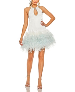 Shop Mac Duggal Rhinestone Trim Halter Neck Feather Neck A-line Dress In White