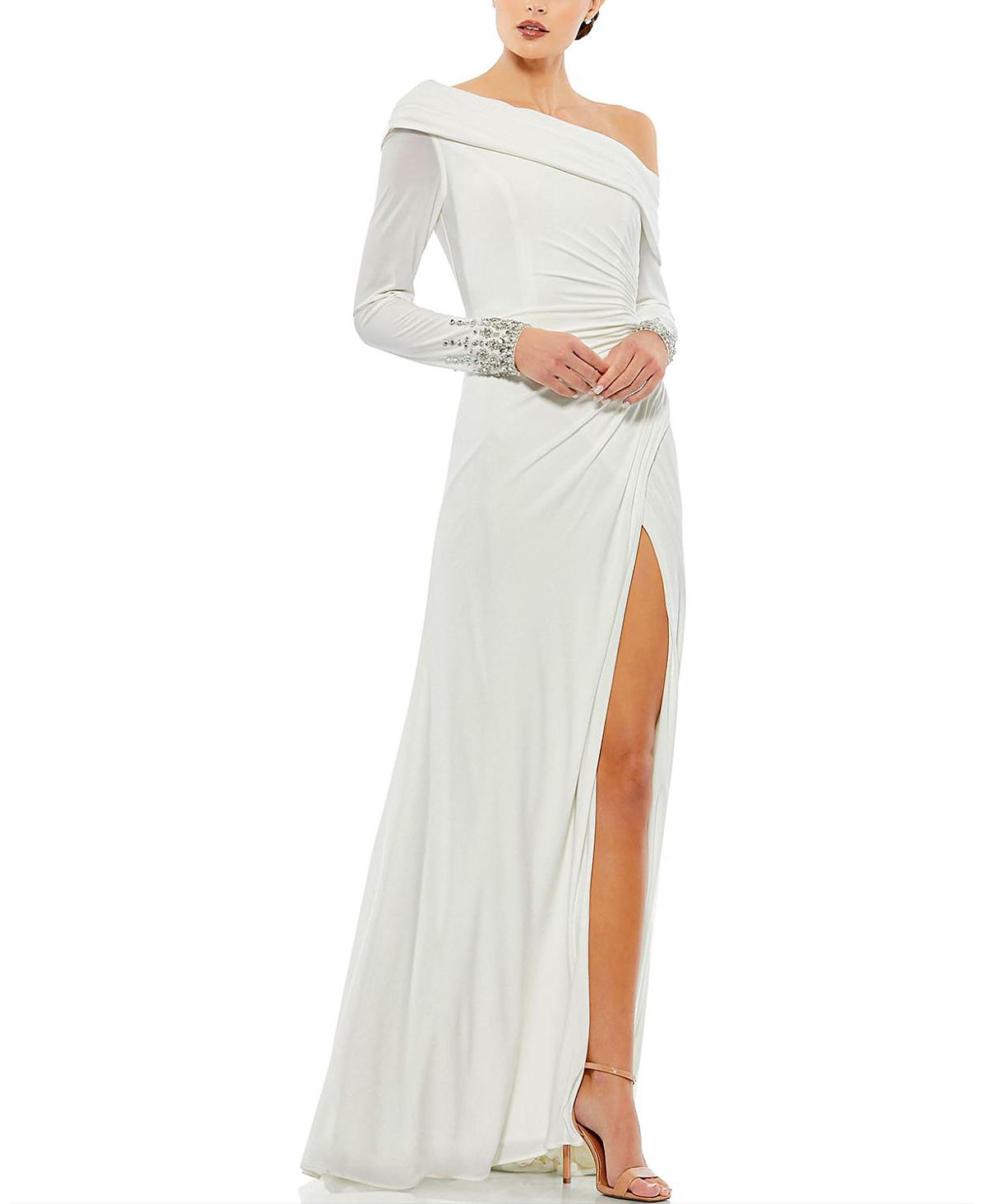 Mac Duggal Beaded Cuff Drop Shoulder Faux Wrap Gown