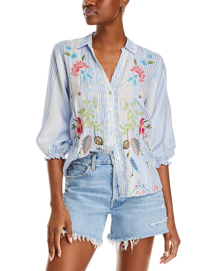 Johnny Was Emika Striped Embroidered Blouse | Bloomingdale's