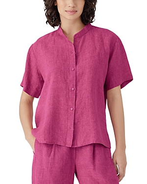 Shop Eileen Fisher Linen Mandarin Collar Shirt In Geranium