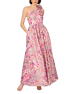 Shop Aidan Mattox Printed One Shoulder Jacquard Gown In Pink Multi