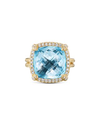 Chatelaine&reg; Pav&eacute; Bezel Ring in 18K Yellow Gold with Blue Topaz and Diamonds, 14mm