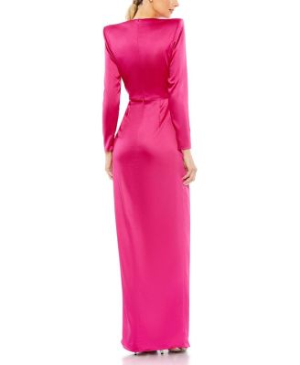  Long Sleeve Structured Bow Draped Gown