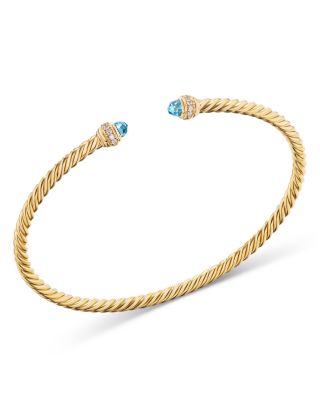 18K Yellow Gold Classic Cablespira Pav&eacute; Diamond & Blue Topaz Bracelet