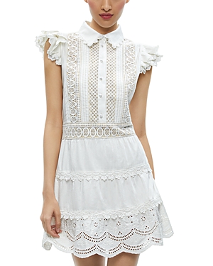 Shop Alice And Olivia Meeko Embroidered Ruffle Sleeve Dress In Off White