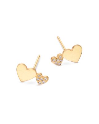 14K Yellow Gold Midi Bitty Symbols Diamond Double Heart Stud Earrings