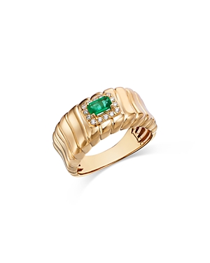 Emerald & Diamond Ridged Statement Ring in 14K Yellow Gold