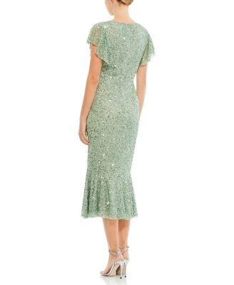 Sequined V Neck Flutter Cap Sleeve Trumpet Dress