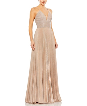 Shop Mac Duggal Shimmer Pleated V Neck Gown In Rose Gold