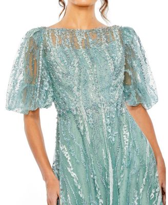 High Neck Puff Sleeve Embellished A Line Dress