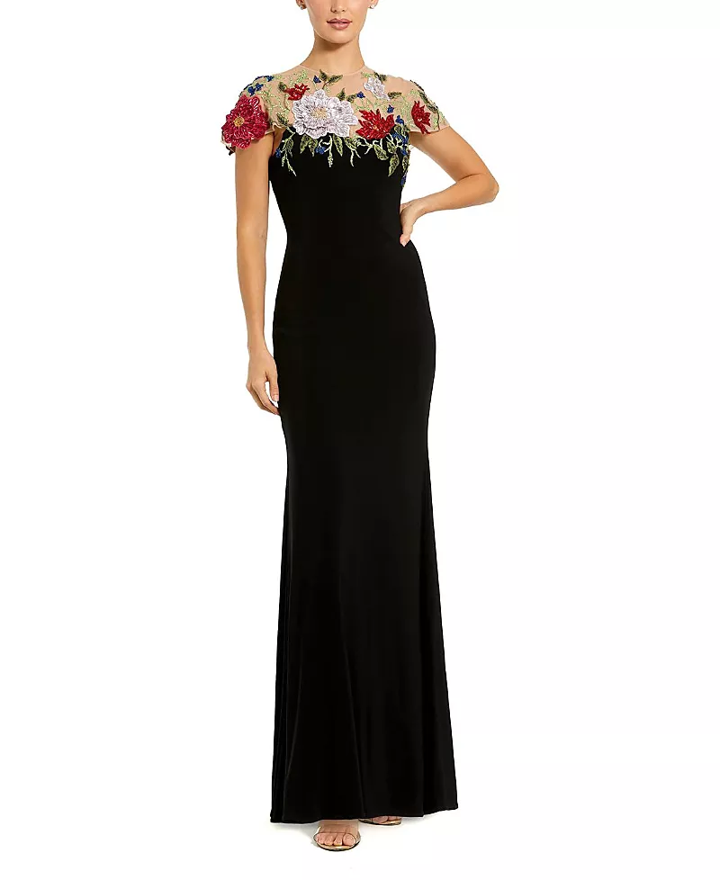 Mac Duggal Floral Embellished Jersey Fitted Gown