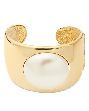 Shop Kenneth Jay Lane Imitation Pearl Center Cuff Bracelet In White/gold