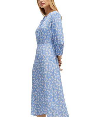 Feather Print Smocked Cuff Tea Dress