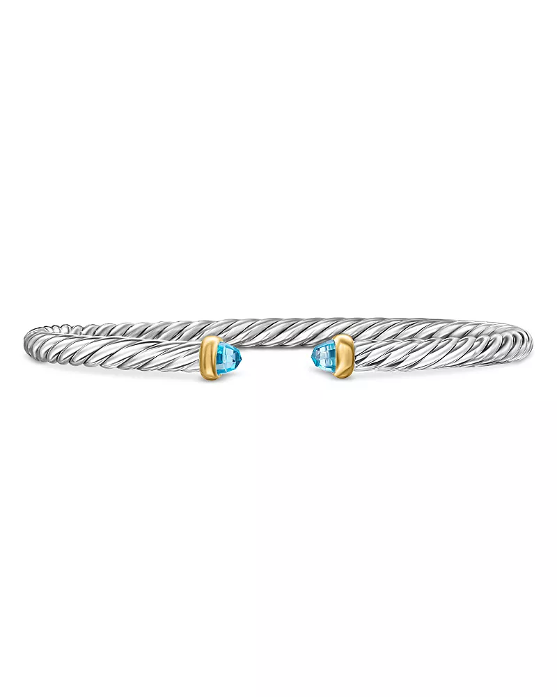David Yurman Sterling Silver & 14K Yellow Gold Cable Flex Blue Topaz Bracelet, 4mm