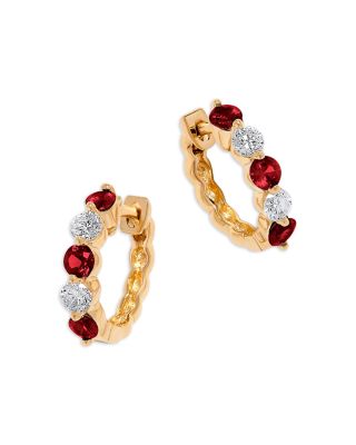 Ruby & Diamond Hoop Earrings in 14K Yellow Gold 