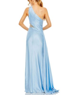  One Shoulder Charmeuse Gown with Beaded Cutout