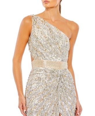 Sequined One Shoulder Draped Lace Up Gown